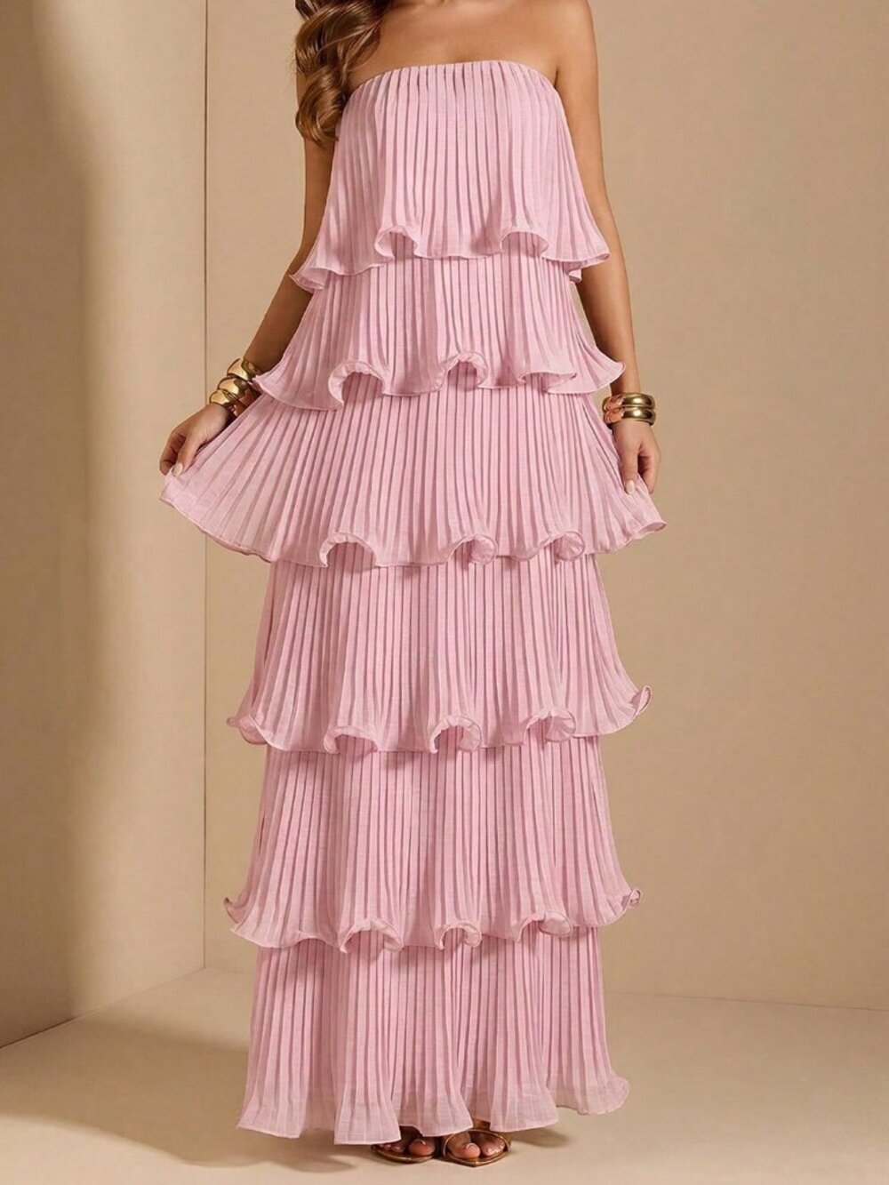 Baby Pink Elegant Women's Strapless Cake Layered Party Dress